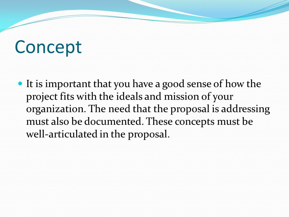 Concept It is important that you have a good sense of how the project fits with the ideals and mission of your organization.