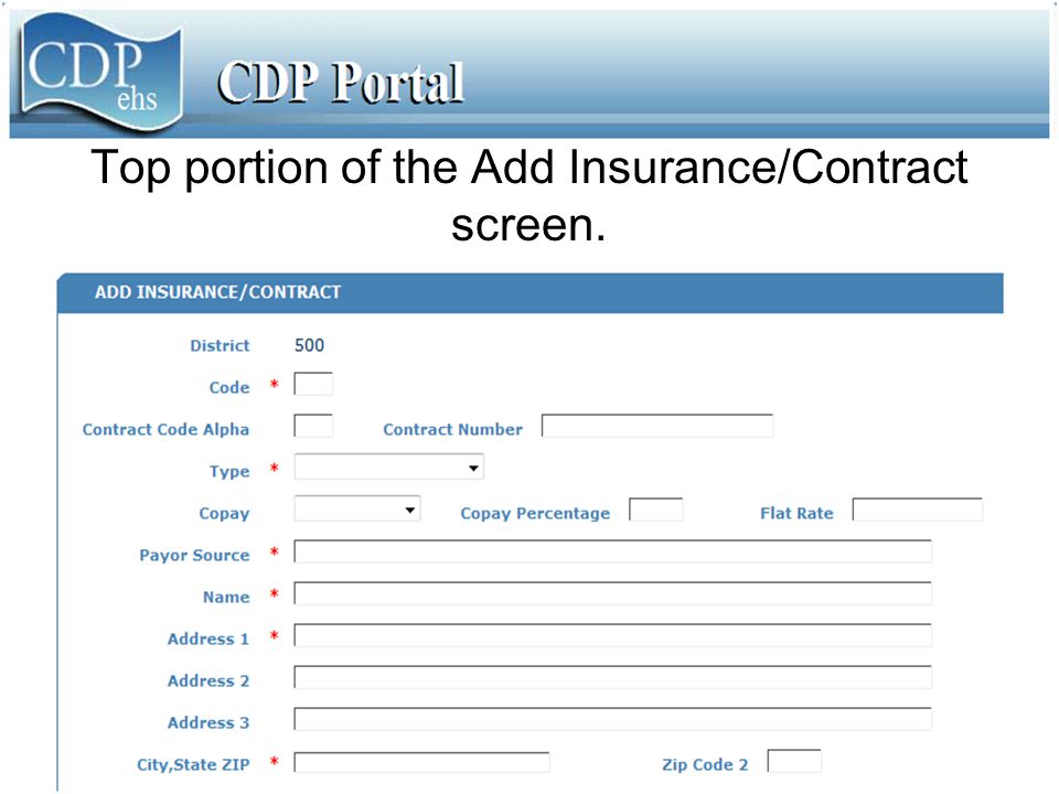 Top portion of the Add Insurance/Contract screen.