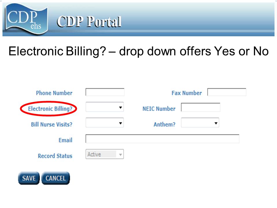 Electronic Billing – drop down offers Yes or No