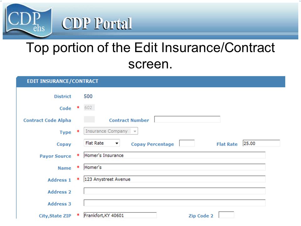 Top portion of the Edit Insurance/Contract screen.