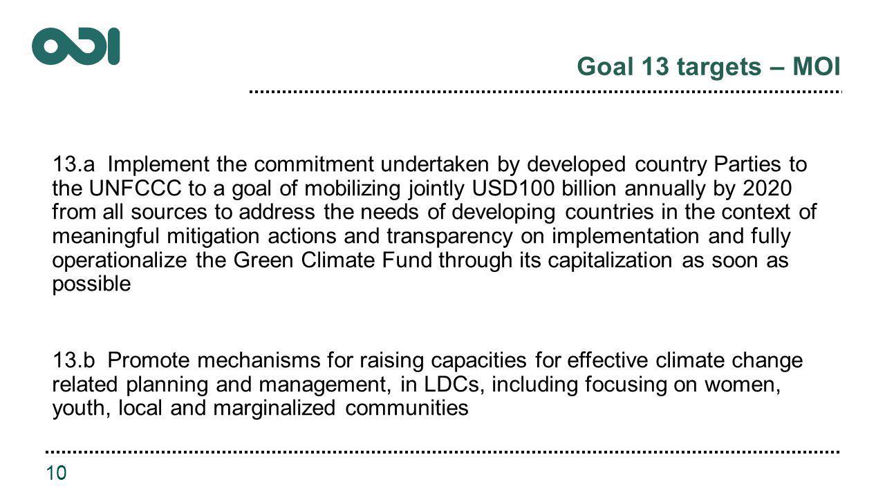 Goal 13 targets – MOI 13.a Implement the commitment undertaken by developed country Parties to the UNFCCC to a goal of mobilizing jointly USD100 billion annually by 2020 from all sources to address the needs of developing countries in the context of meaningful mitigation actions and transparency on implementation and fully operationalize the Green Climate Fund through its capitalization as soon as possible 13.b Promote mechanisms for raising capacities for effective climate change related planning and management, in LDCs, including focusing on women, youth, local and marginalized communities 10