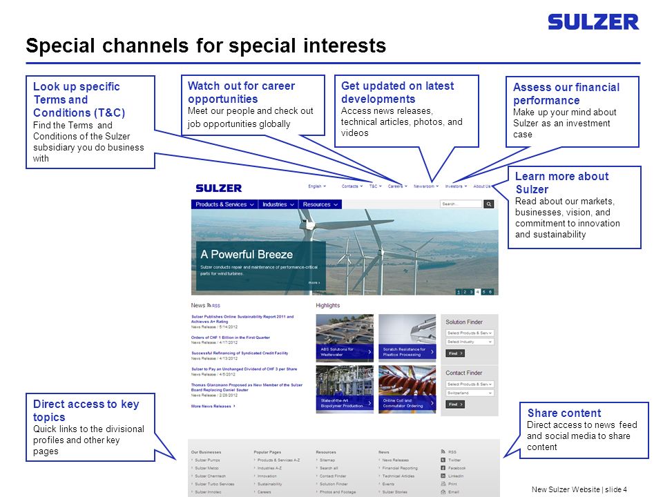 New Sulzer Website | slide 4 Special channels for special interests Look up specific Terms and Conditions (T&C) Find the Terms and Conditions of the Sulzer subsidiary you do business with Get updated on latest developments Access news releases, technical articles, photos, and videos Assess our financial performance Make up your mind about Sulzer as an investment case Watch out for career opportunities Meet our people and check out job opportunities globally Learn more about Sulzer Read about our markets, businesses, vision, and commitment to innovation and sustainability Direct access to key topics Quick links to the divisional profiles and other key pages Share content Direct access to news feed and social media to share content