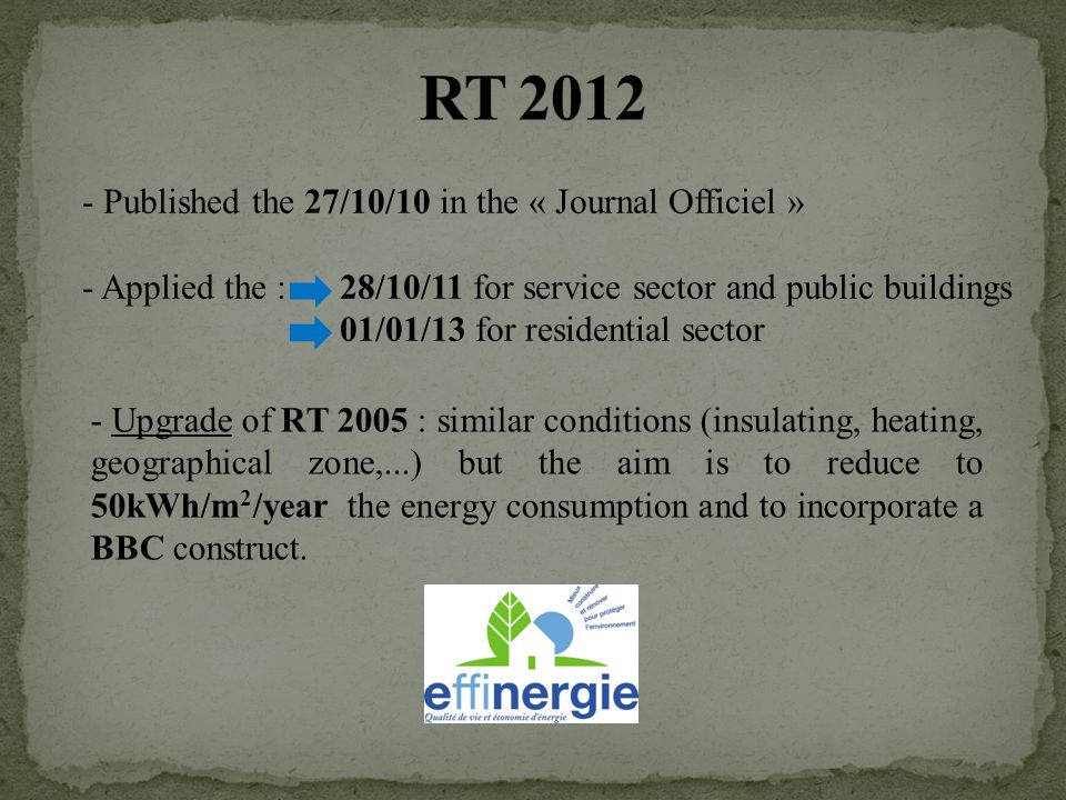- Published the 27/10/10 in the « Journal Officiel » - Applied the : 28/10/11 for service sector and public buildings 01/01/13 for residential sector - Upgrade of RT 2005 : similar conditions (insulating, heating, geographical zone,...) but the aim is to reduce to 50kWh/m 2 /year the energy consumption and to incorporate a BBC construct.