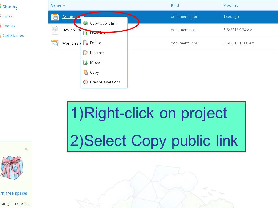 1)Right-click on project 2)Select Copy public link