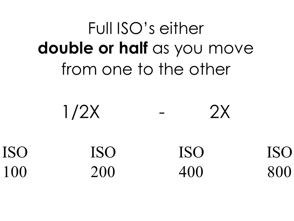 Full ISOs either double or half as you move from one to the other 1/2X - 2X ISOISOISOISO