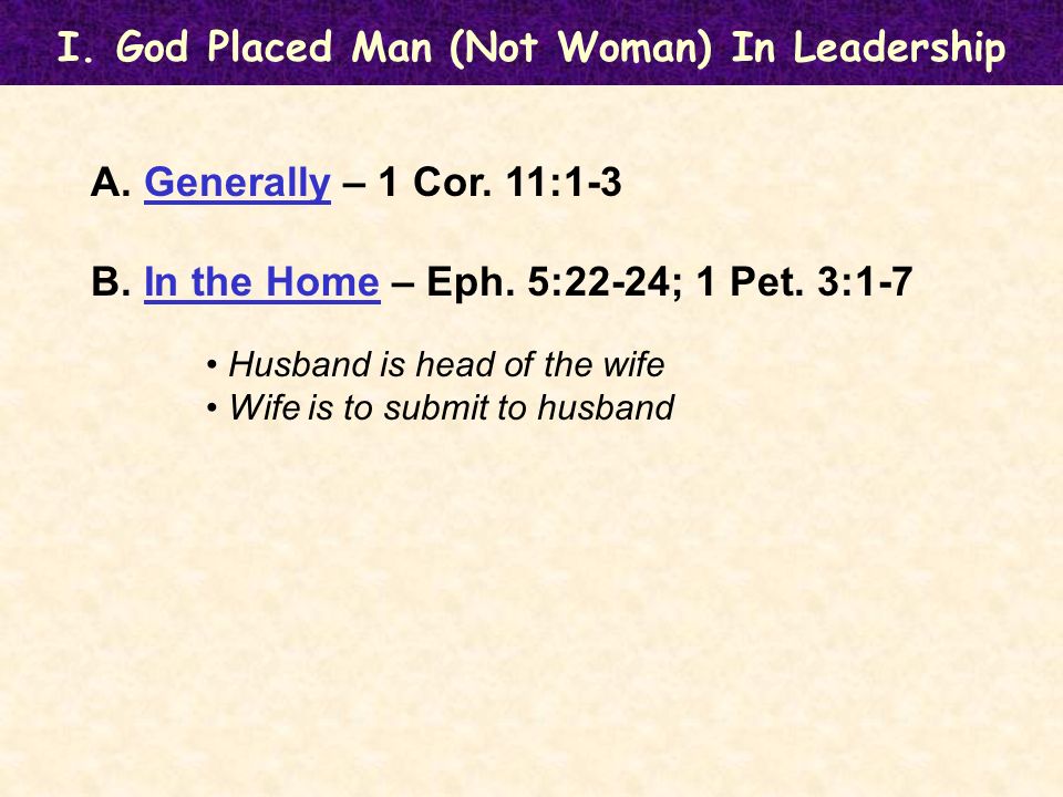 I. God Placed Man (Not Woman) In Leadership A. Generally – 1 Cor.