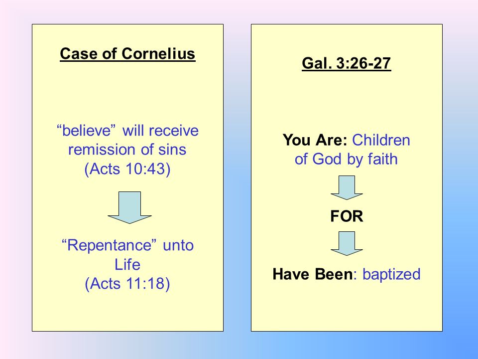 Case of Cornelius believe will receive remission of sins (Acts 10:43) Repentance unto Life (Acts 11:18) Gal.