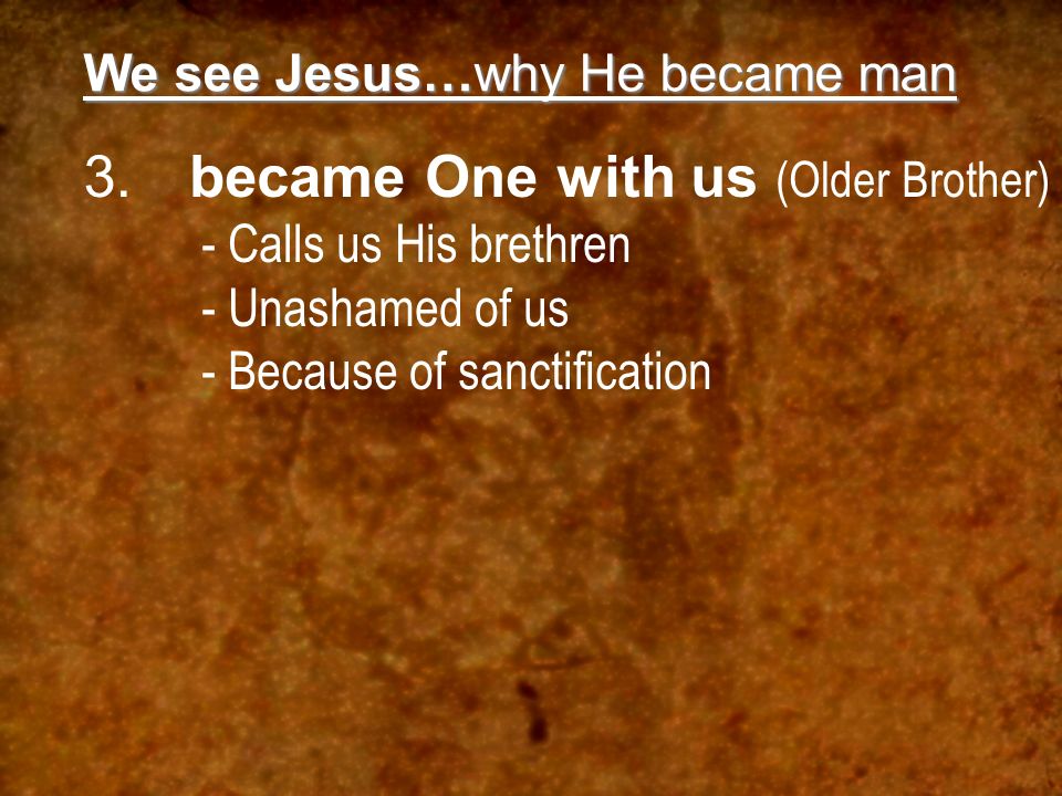 We see Jesus…why He became man 3.became One with us (Older Brother) - Calls us His brethren - Unashamed of us - Because of sanctification