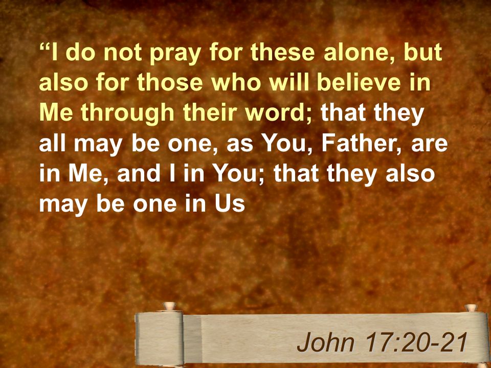 I do not pray for these alone, but also for those who will believe in Me through their word; that they all may be one, as You, Father, are in Me, and I in You; that they also may be one in Us John 17:20-21