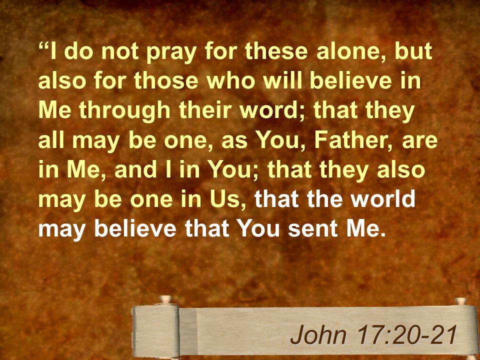I do not pray for these alone, but also for those who will believe in Me through their word; that they all may be one, as You, Father, are in Me, and I in You; that they also may be one in Us, that the world may believe that You sent Me.