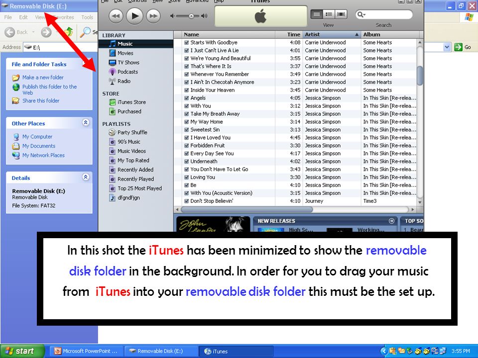 In this shot the iTunes has been minimized to show the removable disk folder in the background.