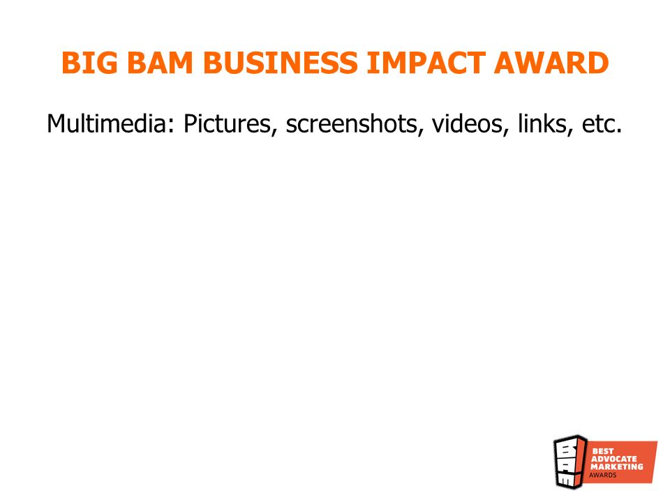 Multimedia: Pictures, screenshots, videos, links, etc. BIG BAM BUSINESS IMPACT AWARD