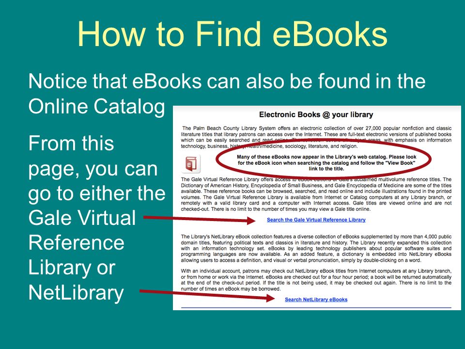 How to Find eBooks Notice that eBooks can also be found in the Online Catalog From this page, you can go to either the Gale Virtual Reference Library or NetLibrary