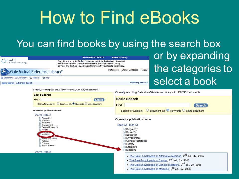 How to Find eBooks You can find books by using the search box or by expanding the categories to select a book