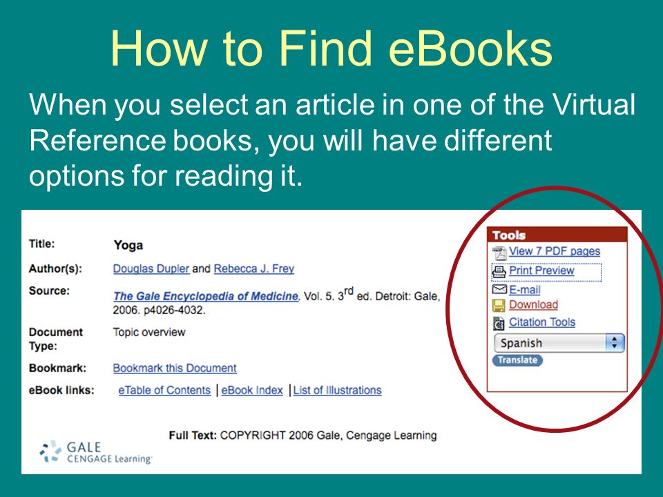 How to Find eBooks When you select an article in one of the Virtual Reference books, you will have different options for reading it.