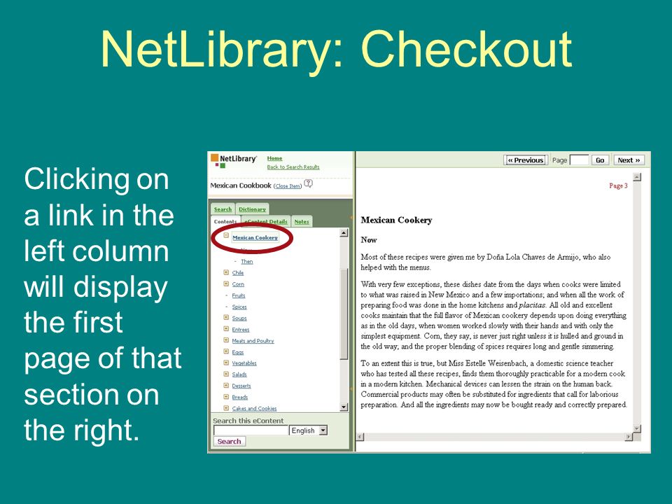 NetLibrary: Checkout Clicking on a link in the left column will display the first page of that section on the right.