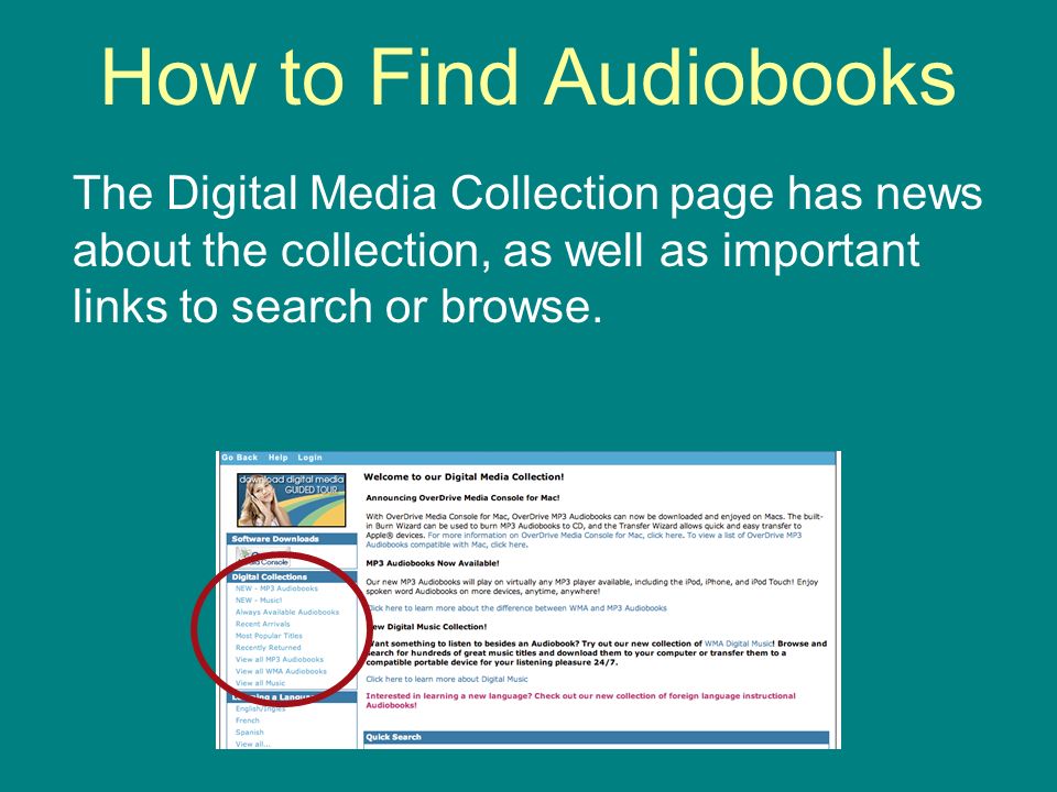 How to Find Audiobooks The Digital Media Collection page has news about the collection, as well as important links to search or browse.