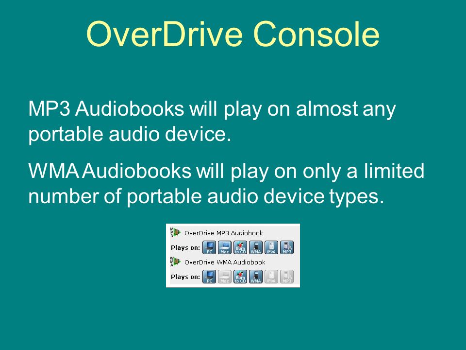 OverDrive Console MP3 Audiobooks will play on almost any portable audio device.
