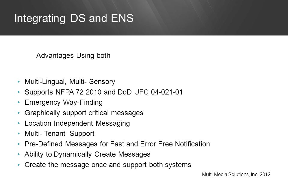 Multi-Lingual, Multi- Sensory Supports NFPA and DoD UFC Emergency Way-Finding Graphically support critical messages Location Independent Messaging Multi- Tenant Support Pre-Defined Messages for Fast and Error Free Notification Ability to Dynamically Create Messages Create the message once and support both systems Integrating DS and ENS Multi-Media Solutions, Inc.