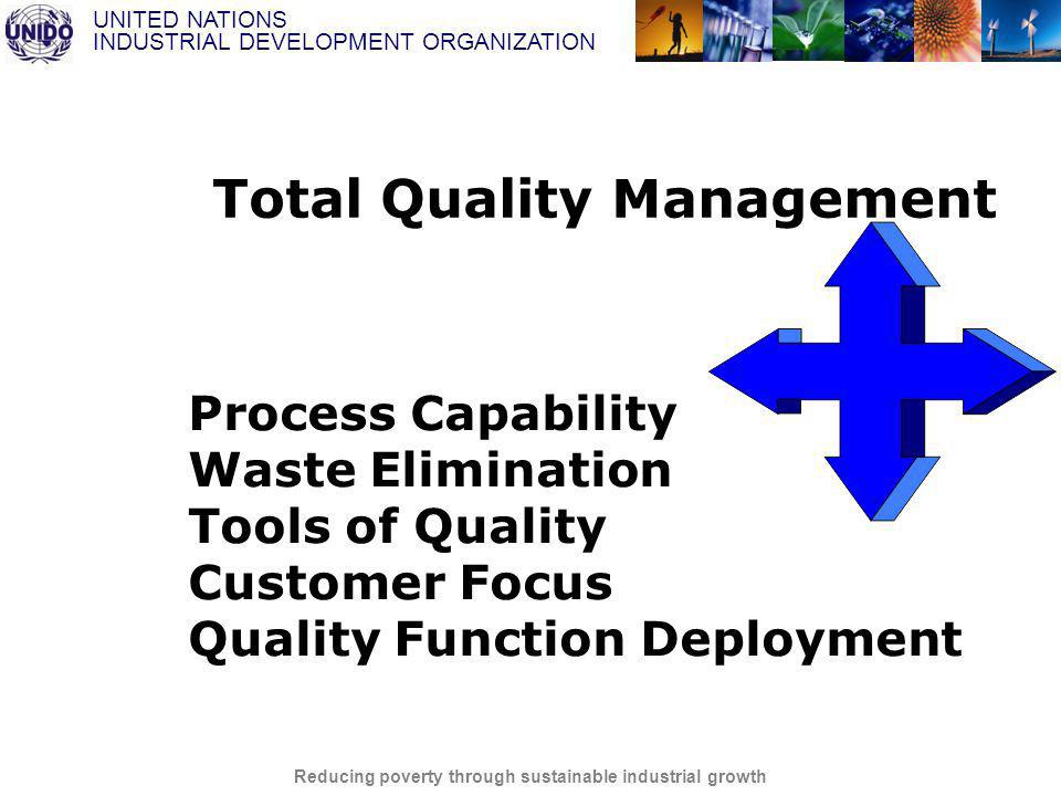 UNITED NATIONS INDUSTRIAL DEVELOPMENT ORGANIZATION Reducing poverty through sustainable industrial growth Process Capability Waste Elimination Tools of Quality Customer Focus Quality Function Deployment Total Quality Management