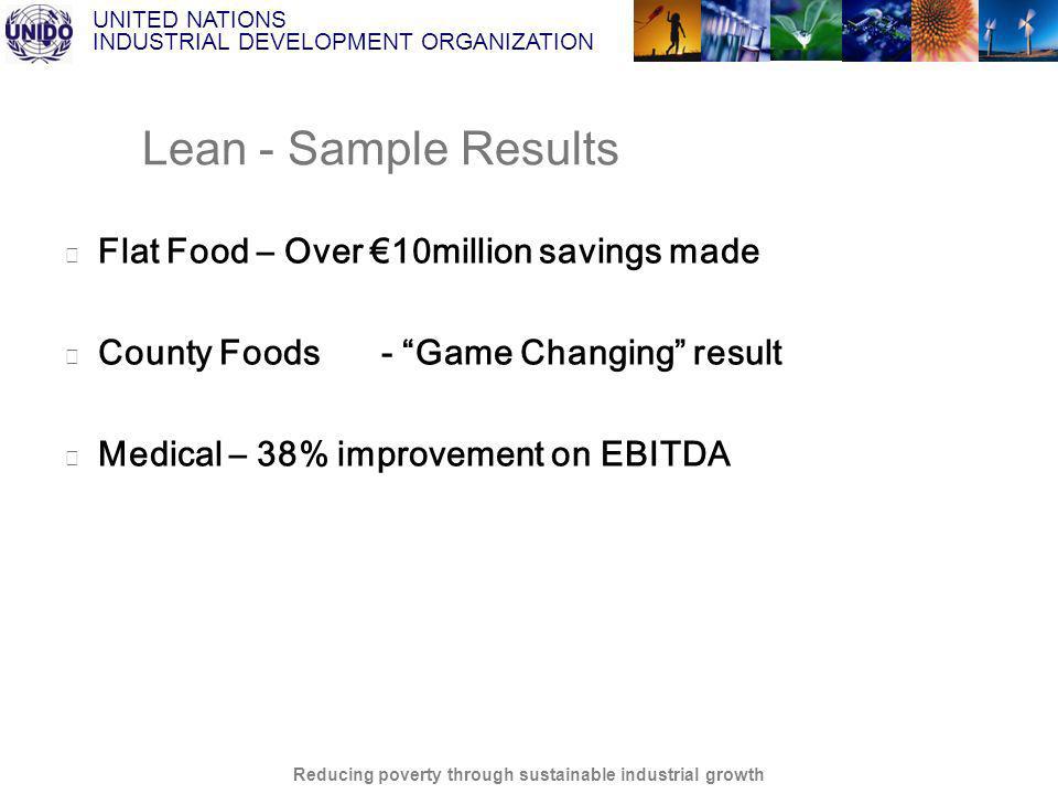 UNITED NATIONS INDUSTRIAL DEVELOPMENT ORGANIZATION Reducing poverty through sustainable industrial growth Lean - Sample Results Flat Food – Over 10million savings made County Foods- Game Changing result Medical – 38% improvement on EBITDA