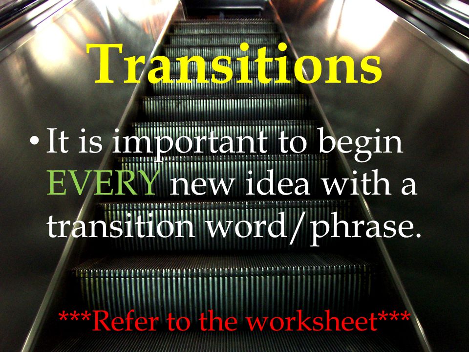 Transitions It is important to begin EVERY new idea with a transition word/phrase.