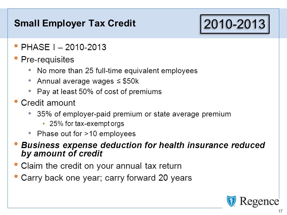 17 Small Employer Tax Credit PHASE I – Pre-requisites No more than 25 full-time equivalent employees Annual average wages $50k Pay at least 50% of cost of premiums Credit amount 35% of employer-paid premium or state average premium 25% for tax-exempt orgs Phase out for >10 employees Business expense deduction for health insurance reduced by amount of credit Claim the credit on your annual tax return Carry back one year; carry forward 20 years