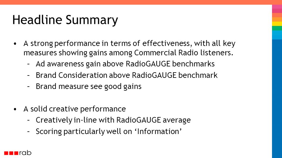 Headline Summary A strong performance in terms of effectiveness, with all key measures showing gains among Commercial Radio listeners.