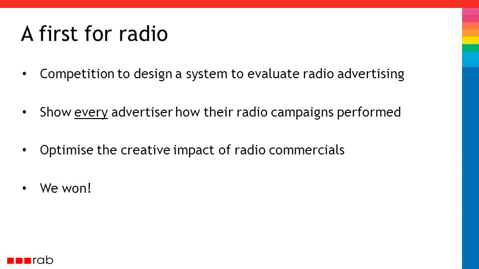 A first for radio Competition to design a system to evaluate radio advertising Show every advertiser how their radio campaigns performed Optimise the creative impact of radio commercials We won!