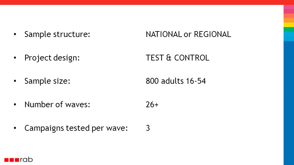 Sample structure: NATIONAL or REGIONAL Project design: TEST & CONTROL Sample size: 800 adults Number of waves:26+ Campaigns tested per wave:3