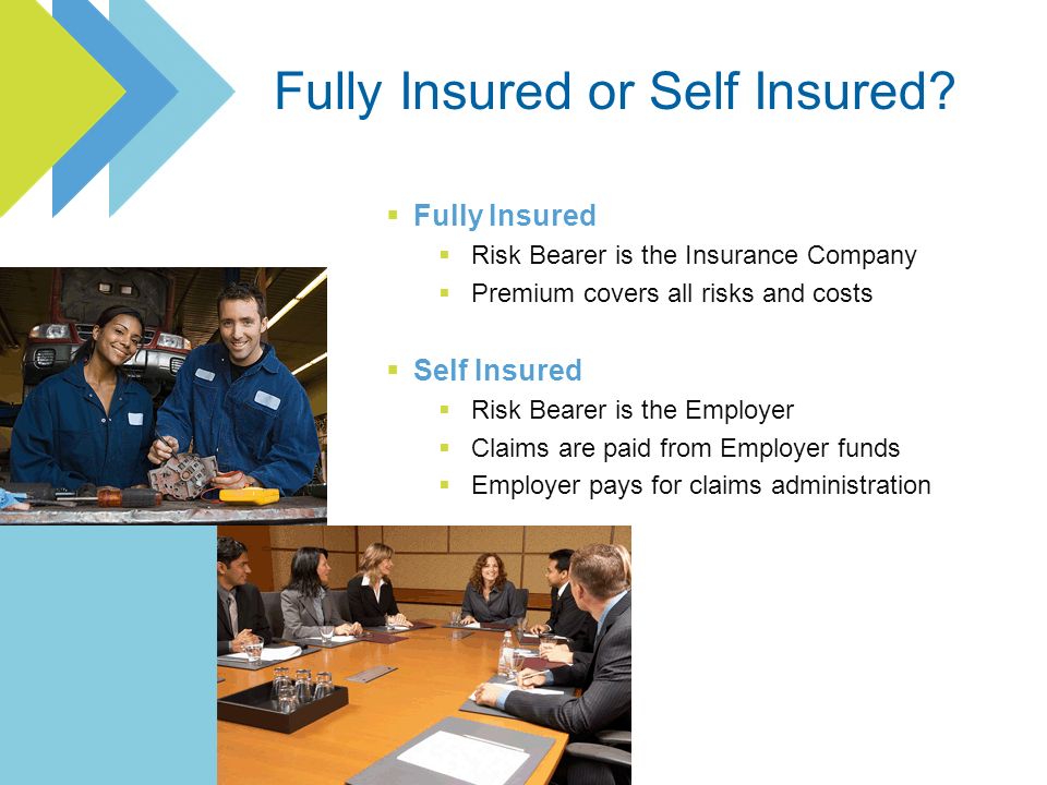 Fully Insured Risk Bearer is the Insurance Company Premium covers all risks and costs Self Insured Risk Bearer is the Employer Claims are paid from Employer funds Employer pays for claims administration