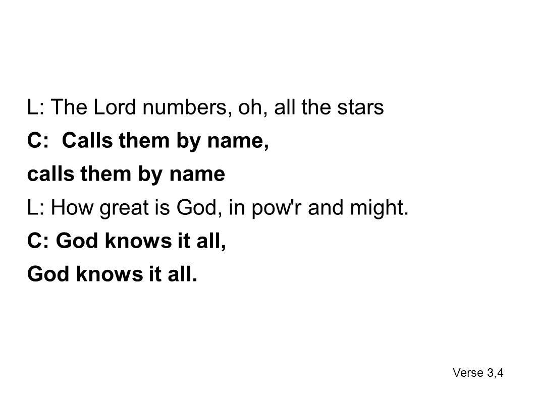 L: The Lord numbers, oh, all the stars C: Calls them by name, calls them by name L: How great is God, in pow r and might.