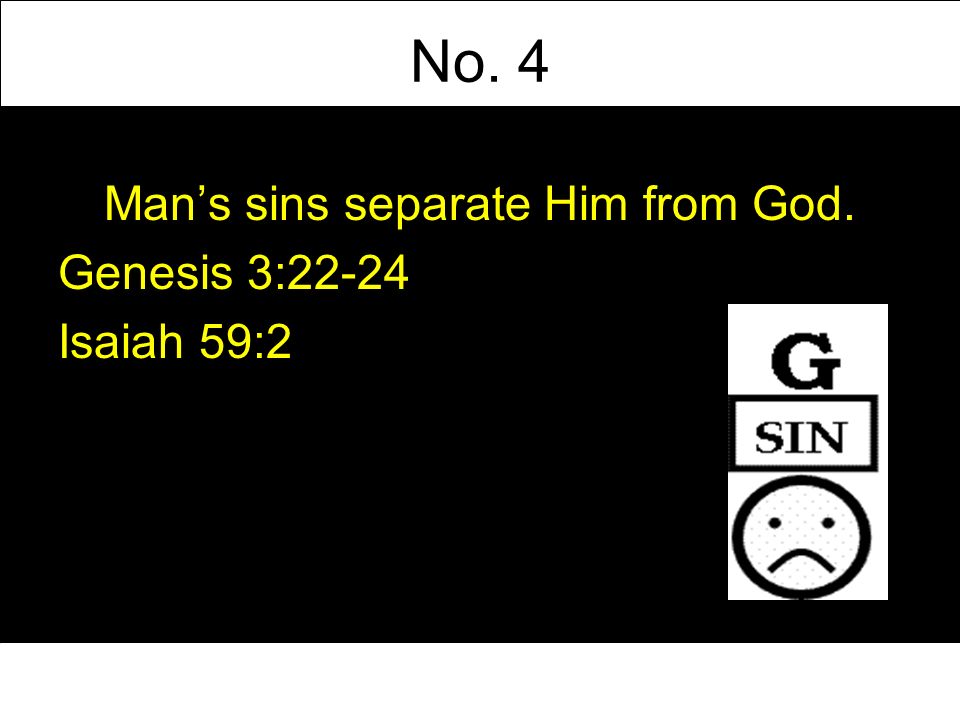 No. 4 Mans sins separate Him from God. Genesis 3:22-24 Isaiah 59:2