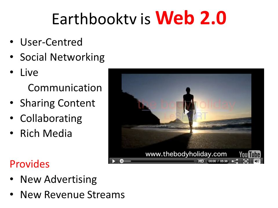 Earthbooktv is Web 2.0 User-Centred Social Networking Live Communication Sharing Content Collaborating Rich Media Provides New Advertising New Revenue Streams
