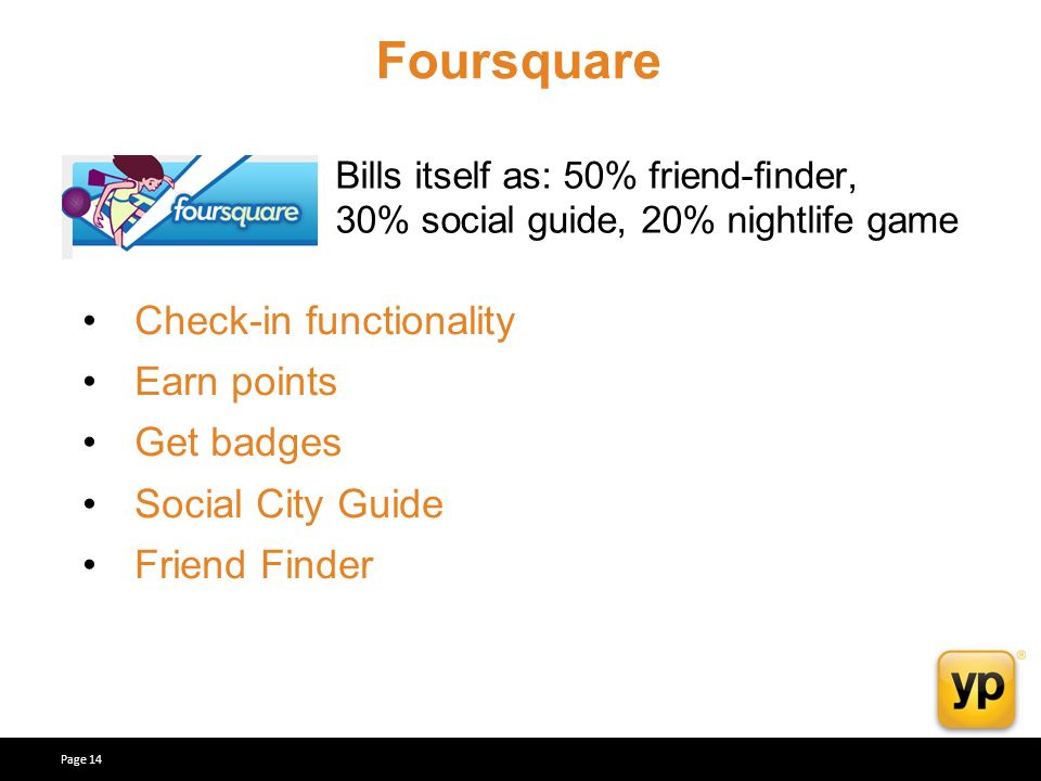 Bills itself as: 50% friend-nder, 30% social guide, 20% nightlife game Check-in functionality Earn points Get badges Social City Guide Friend Finder Foursquare Page 14