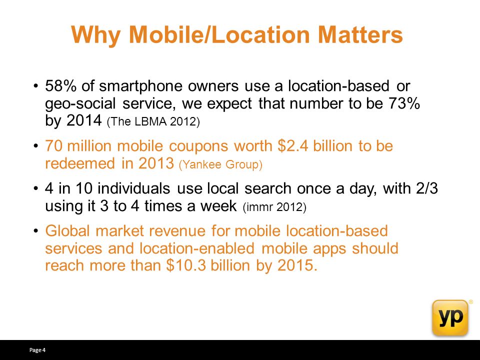 Why Mobile/Location Matters 58% of smartphone owners use a location-based or geo-social service, we expect that number to be 73% by 2014 (The LBMA 2012) 70 million mobile coupons worth $2.4 billion to be redeemed in 2013 (Yankee Group) 4 in 10 individuals use local search once a day, with 2/3 using it 3 to 4 times a week (immr 2012) Global market revenue for mobile location-based services and location-enabled mobile apps should reach more than $10.3 billion by 2015.