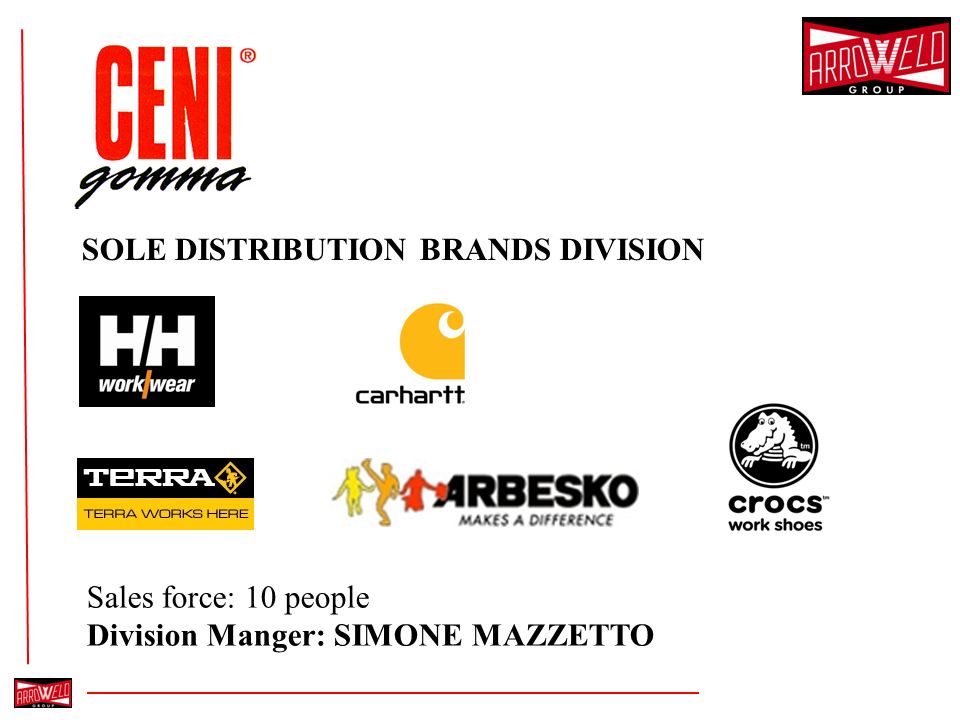 SOLE DISTRIBUTION BRANDS DIVISION Sales force: 10 people Division Manger: SIMONE MAZZETTO