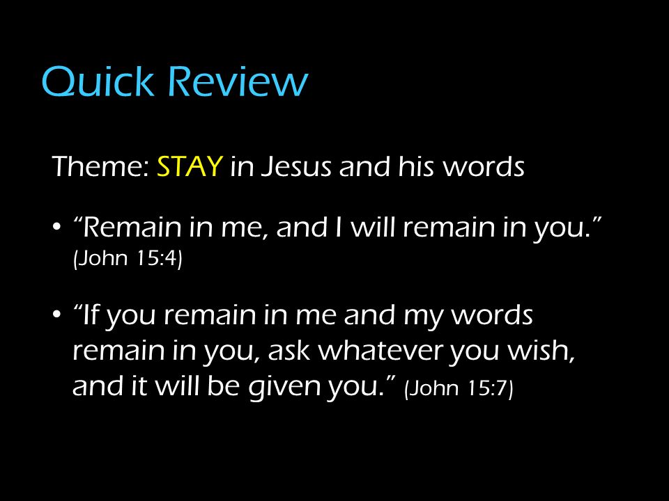 Quick Review Theme: STAY in Jesus and his words Remain in me, and I will remain in you.