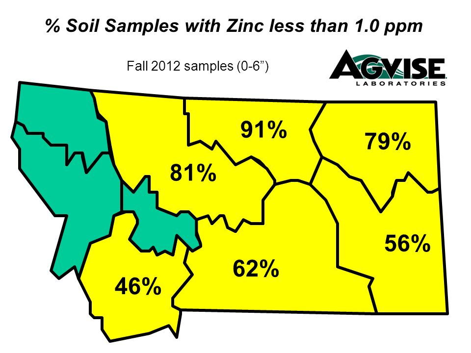 % Soil Samples with Zinc less than 1.0 ppm Fall 2012 samples (0-6) 79% 56% 81% 91% 62% 46%