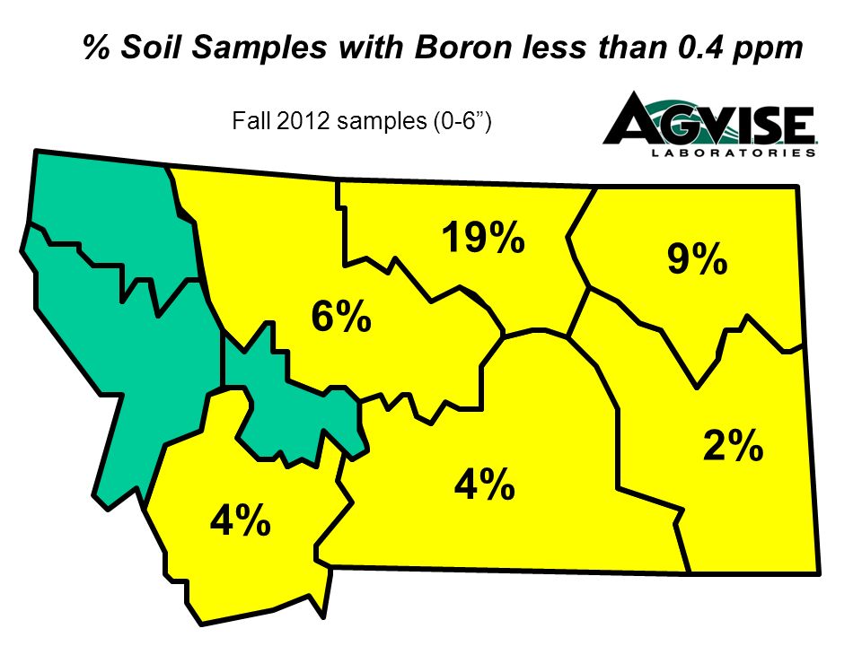 % Soil Samples with Boron less than 0.4 ppm Fall 2012 samples (0-6) 9% 2% 6% 19% 4%