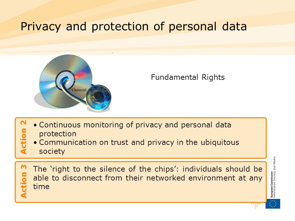 Continuous monitoring of privacy and personal data protection Communication on trust and privacy in the ubiquitous society Privacy and protection of personal data Action 2 Fundamental Rights The right to the silence of the chips: individuals should be able to disconnect from their networked environment at any time Action 3