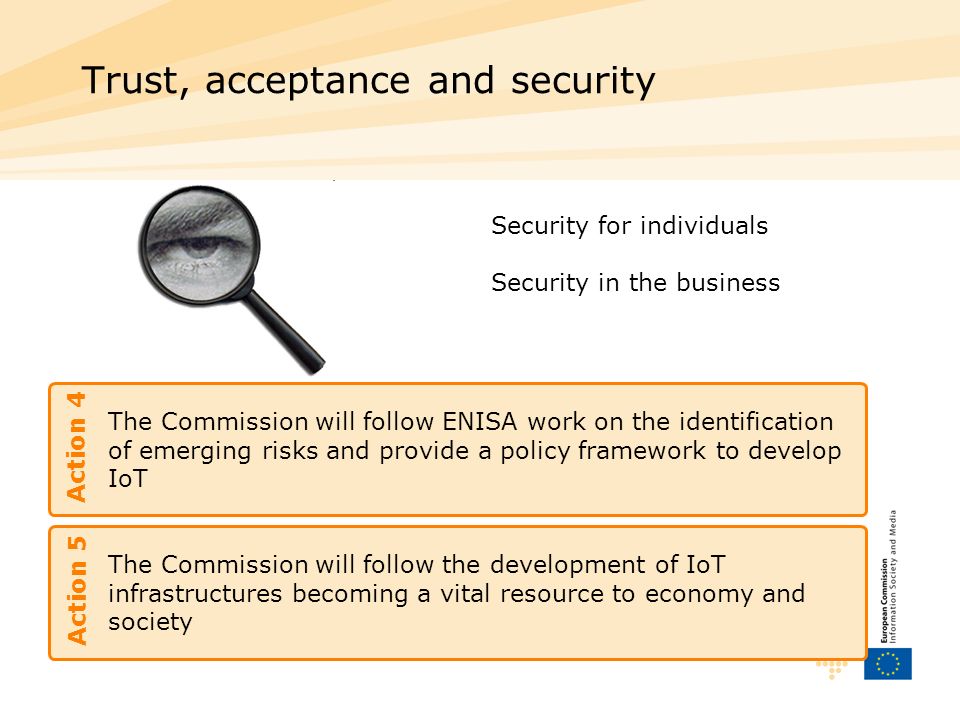 The Commission will follow ENISA work on the identification of emerging risks and provide a policy framework to develop IoT Trust, acceptance and security Action 4 Security for individuals Security in the business The Commission will follow the development of IoT infrastructures becoming a vital resource to economy and society Action 5