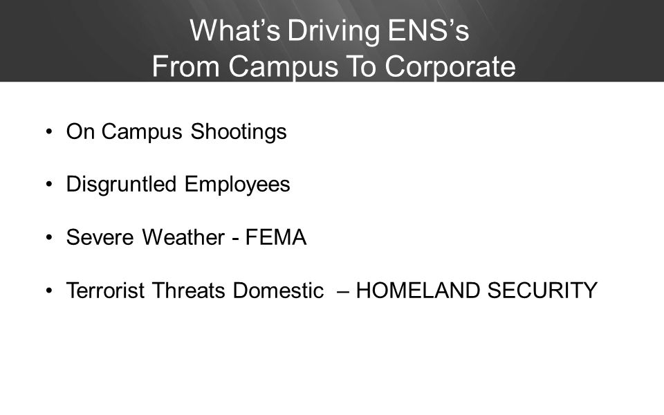 Whats Driving ENSs From Campus To Corporate On Campus Shootings Disgruntled Employees Severe Weather - FEMA Terrorist Threats Domestic – HOMELAND SECURITY