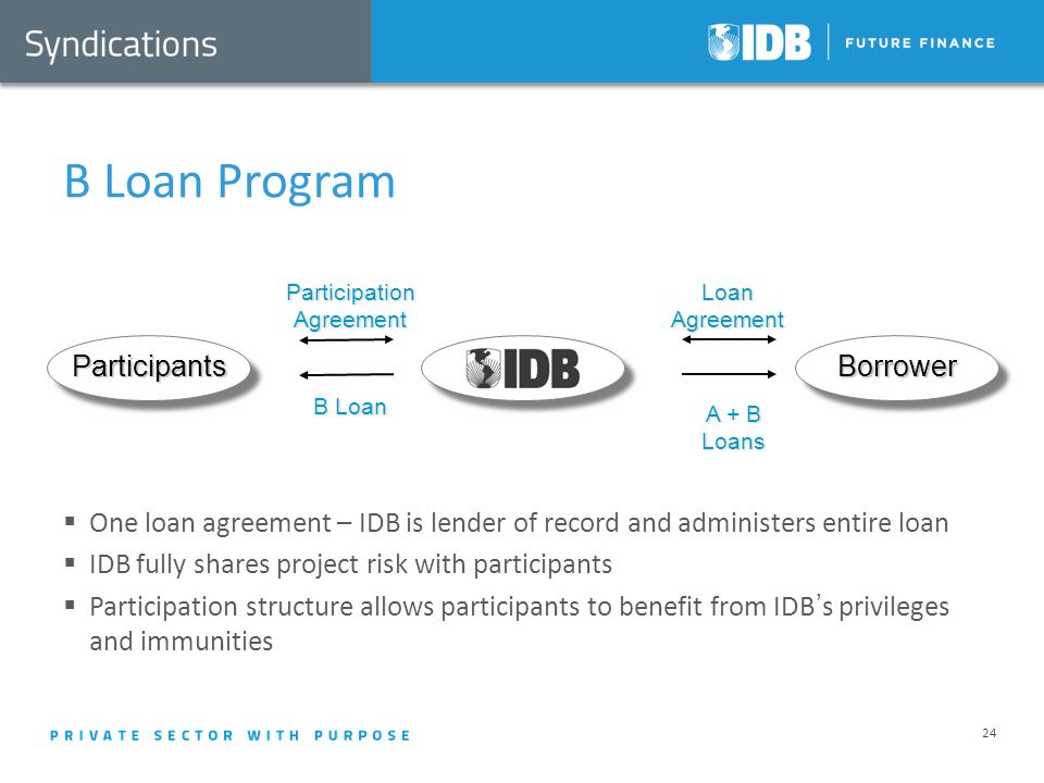 B Loan Program One loan agreement – IDB is lender of record and administers entire loan IDB fully shares project risk with participants Participation structure allows participants to benefit from IDBs privileges and immunities 24 Borrower Participants Loan Agreement A + B Loans B Loan Participation Agreement
