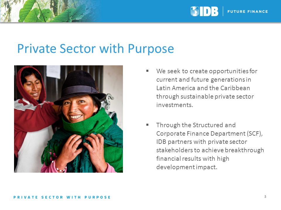 Private Sector with Purpose We seek to create opportunities for current and future generations in Latin America and the Caribbean through sustainable private sector investments.