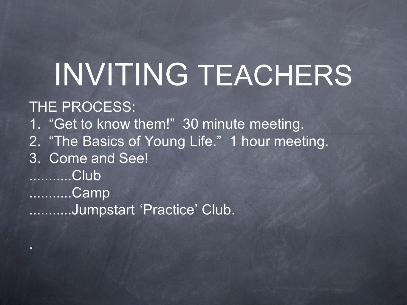 THE PROCESS: 1. Get to know them. 30 minute meeting.