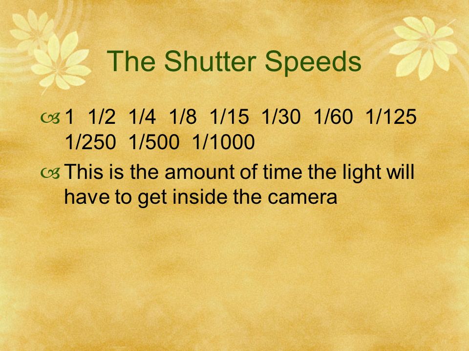 The Shutter Speeds 1 1/2 1/4 1/8 1/15 1/30 1/60 1/125 1/250 1/500 1/1000 This is the amount of time the light will have to get inside the camera