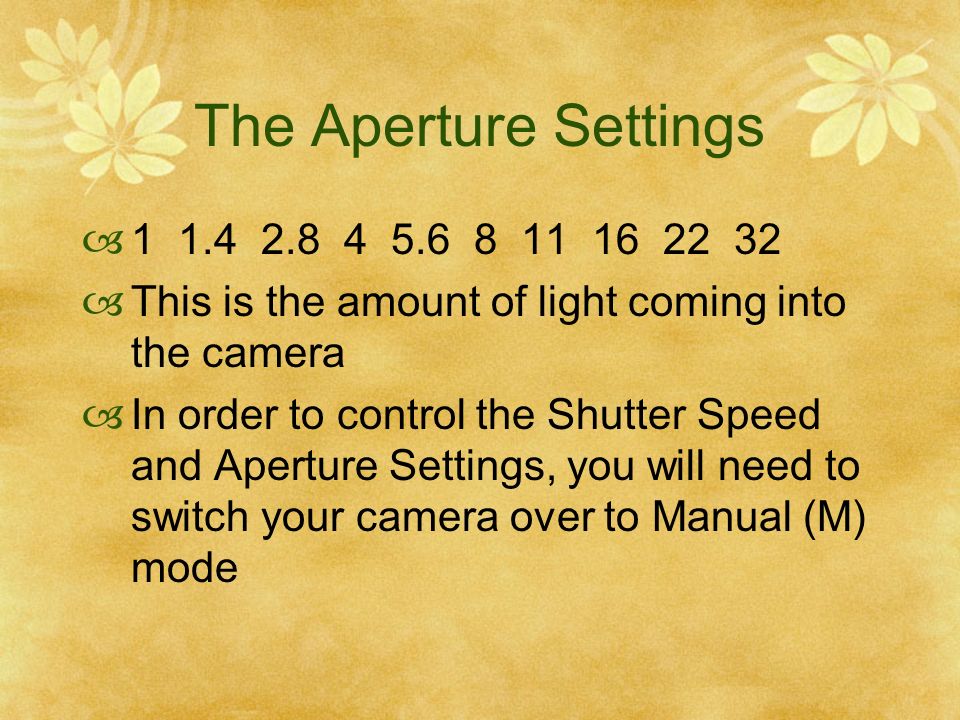 The Aperture Settings This is the amount of light coming into the camera In order to control the Shutter Speed and Aperture Settings, you will need to switch your camera over to Manual (M) mode