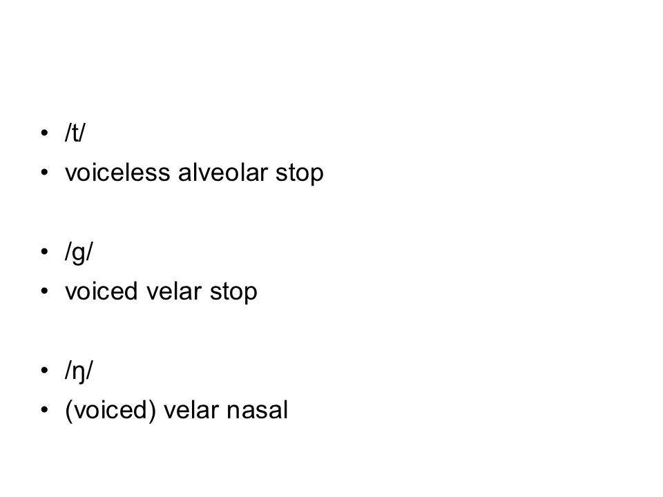 /t/ voiceless alveolar stop /g/ voiced velar stop /ŋ/ (voiced) velar nasal