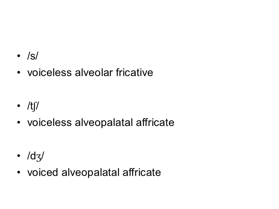 /s/ voiceless alveolar fricative /t ʃ / voiceless alveopalatal affricate /d ʒ / voiced alveopalatal affricate